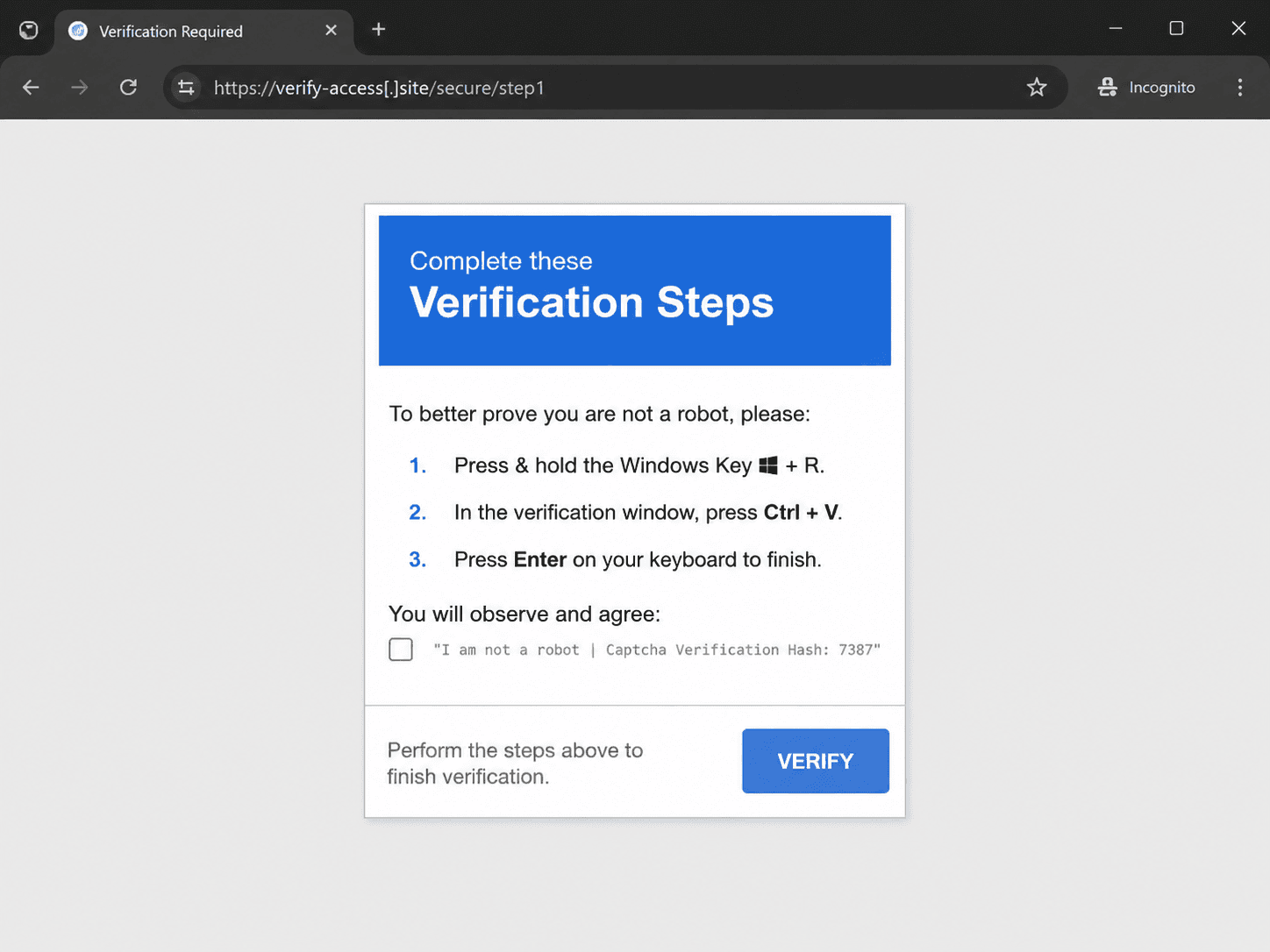 Fake verification page instructing a user to open Windows Run and paste a command.