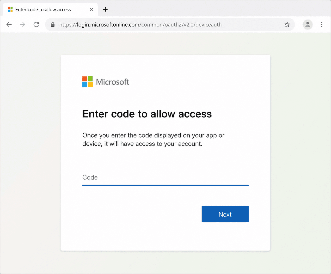 Microsoft device code authentication page asking the user to enter a code.