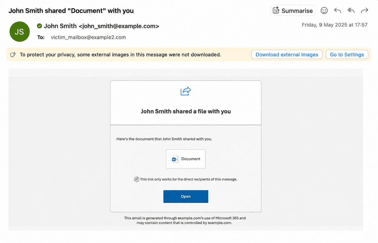 Example of a Microsoft 365 SharePoint sharing notification used as a phishing lure.